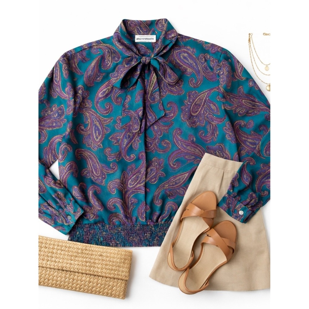 Alfred Dunner Satin Paisley Blouse Green Purple Bow Tie Vintage Top Sz 8 - Picture 11 of 12